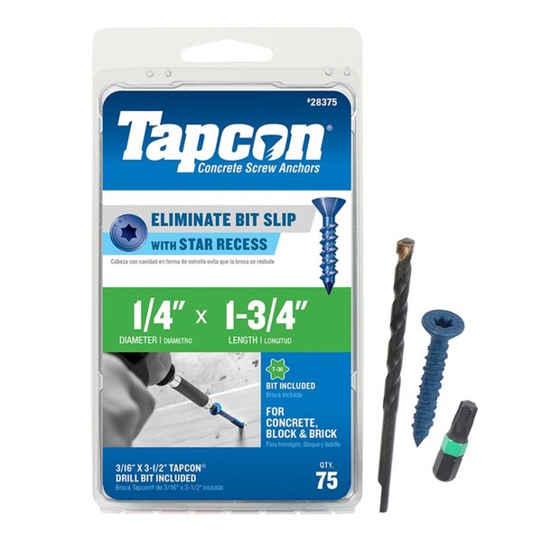 Tapcon Tapcon Concrete Screw, 1/4" Dia., Flat, 1 3/4 in L, Climaseal Coated, 75 PK 28375